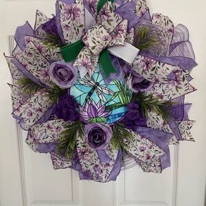 Purple Floral Dragonfly Wreath
